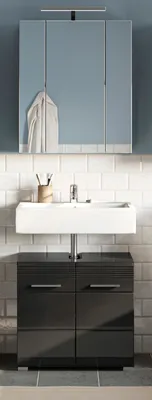 Produktbild von Badmöbel Set 2-teilig "Leon" schwarz Hochglanz Badkombination 60 x 182 cm mit LED