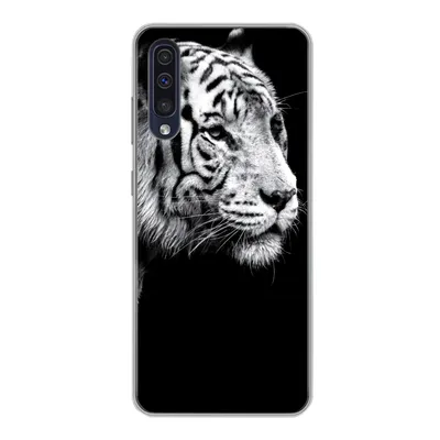 Produktbild von MuchoWow® Handyhülle Schutzhülle Hülle für Samsung Galaxy A30s Studioaufnahme eines weißen Tigers auf schwarzem Hintergrund Silikon Softcase Handy Hülle - Karteninhaber