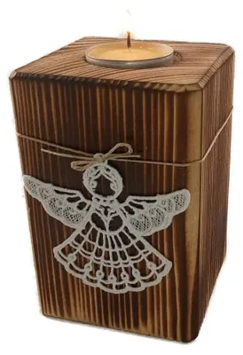 Holzkandelaber mit Spitzen-Cherub, Weihnachtsdeko, 8x8x12 cm
