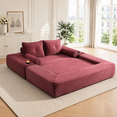 Produktbild von okwish Zweisitzer Wohnzimmersofa mit Getränkehalter und Taschen, Klappsofa mit Zierkissen, Schlafsofa,für kleine Wohnungen,Weinrot