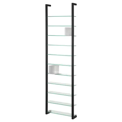 A tall, narrow black shelf unit with multiple glass shelves, against a white background.