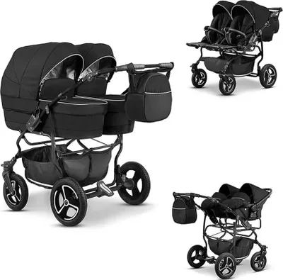 Produktbild von Zwillingskinderwagen Twin Star 4 in 1 Set in Schwarz-weißer Streifen - 13 Teile - in 16 Farben erhältlich