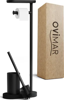 Produktbild von ovimar 3-in-1 Stand WC-Garnitur Tysnes in schwarz | WC Bürstengarnitur mit Silikonbürstenkopf, WC Rollenhalter und Smartphone Ablage | Sehr platzsparend | | Eleganter Badezimmer Organizer in Edelstahl
