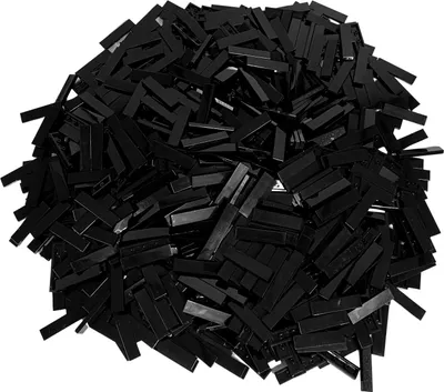 A pile of small, black, rectangular LEGO tiles.