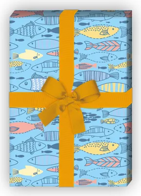 Produktbild von Hellblaues Geschenkpapier mit lustigen Doodle Fischen - G12337, 32 x 48cm