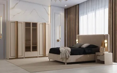 Produktbild von Komplettes Schlafzimmer Set Designer Textilbett Nachttische Schrank