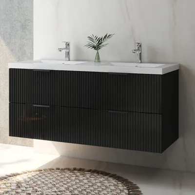 Produktbild von Waschtisch mit Unterschrank 120cm RIVA Badmöbel Set Hochglanz Schwarz Waschbecken mit Unterschrank Softclose