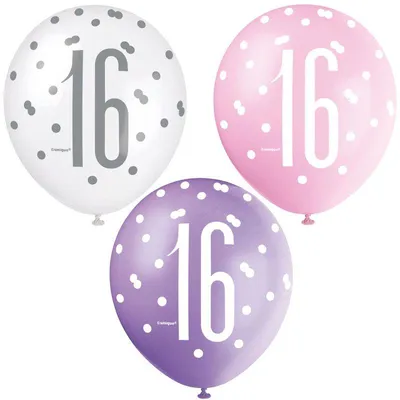 Produktbild von 6 Luftballons rosa & silber Zahl 16