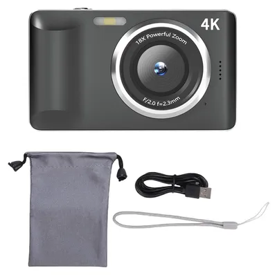 Obrázek produktu pro Digitální fotoaparát 4K, 64 MP, 2,8palcový displej, automatické zaostřování, 18násobný zoom s bleskem pro fotografování na cestách, tmavě šedý