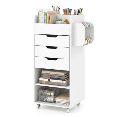 Produktbild von Rollcontainer Holz, mobiler Rollschrank mit 3 Schubladen, 2 offenen Ablagen, 2 abnehmbaren Stangen und oberer Schutzleiste (Weiß)