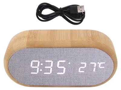 Holz-Digitaluhr mit LED, Temperaturanzeige, USB, braun