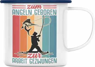 Produktbild von Trendation - Angler Fischer Emaille Tasse zum Angeln Geboren Geschenk Raubfische Hobbyangler Angeln Emaille Emaille Tasse Zubehör (Blau)