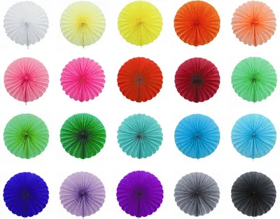 A grid of colorful paper fans arranged in rows and columns against a white background.