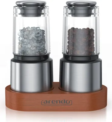 Produktbild von Arendo manuelle Gewürzmühlen, Salz- und Pfeffermühle Set, Keramikmahlwerk, Edelstahl, stufenlos, Holzständer, 15–30g, Pfeffer/Salz/Kräuter, silber, spülmaschinengeeignet
