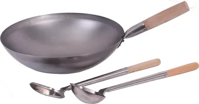 Produktbild von WOK SET, 35RB-K02-S04, Wok Pfanne 35 cm Ø runder Boden Kohlenstoffstahl + Kelle + Spathel Edelstahl mit Holzgriff, AAF Nommel ®