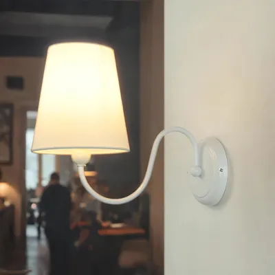 Produktbild von Weiße Wandlampe Landhaus Stoff Schirm wohnlich BOULI Schlafzimmer Wohnzimmer Wandleuchte
