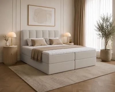 Produktbild von Boxspringbett SANDO ohne Topper Bett  mit Bettkästen Polsterbett, Bettgestell, Doppelbett, Stauraum, Schlafzimmer (160x200, Creme - Fredo 15)