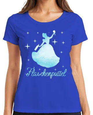 Zdjęcie produktu dla Koszulka damska "Flaschenputzer Wein Prinzessin Party JGA", niebieska, rozmiar XL. Idealna na wieczór z przyjaciółkami, imprezę, wieczór panieński. Nadruk: "Flaschenputzer Wein Prinzessin Party JGA" (co można przetłumaczyć jako "Winiarska królewna, impreza, wieczór panieński")
