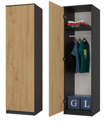 A wardrobe with one door open, showing shelves and hanging clothes, and two blue storage boxes at the bottom.