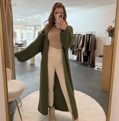 Produktbild von Strickjacke long Damen "Lena" Olivgrün, Onesize (XS-XL), Frauen Langarm Grobstrickjacke, Herbst Winter Langes Strickmantel Frau Langer Strickjacke