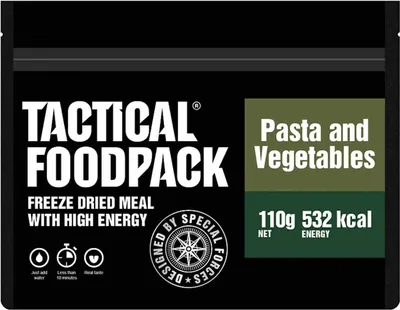Produktbild von Tactical Foodpack Pasta and Vegetables, Gemüsemischung, 110 g, 7 min, Pasta (42%)(wheat, water, curcuma), red pepper (11%), carrots (11%), onions (7,3%), beans (7,3%),..., 513 kcal, 14,1 g