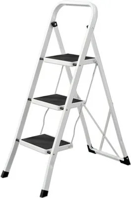 A white stepladder with three black steps against a white background.