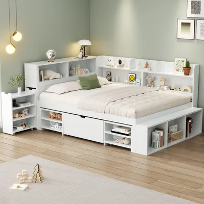 Produktbild von MODFU Kinderbett Schlafsofas Holzbett 140x200cm mit Schubladen und Lattenrost, Jugendbett mit Bücherregal und Stauschrank, großer Stauraum, weiß