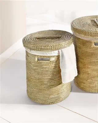 Image de Panier à linge en jonc de mer avec couvercle, Ø 40x50 cm, collecteur de linge, bac à linge