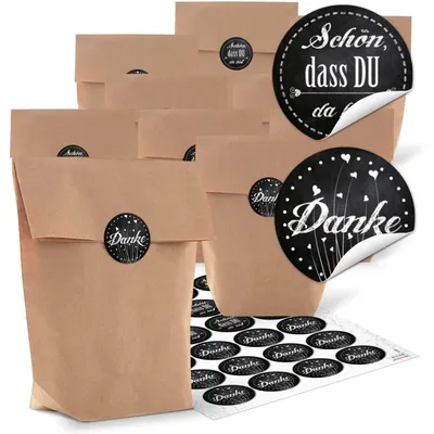 Produktbild von 24 teiliges Set - kleine braune Kraftpapiertüten + blau türkise Schön dass du da bist AufkleberSchwarz, Weiß