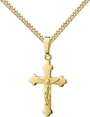 Produktbild von Kleiner Gold Kreuzanhänger 585 / 14K Kruzifix Echtgold Anhänger. Mit Kette 45 cm