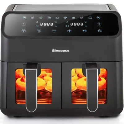 Zdjęcie produktu dla Fritownica bezolejowa - pojemność 9 litrów, podwójny kosz - moc 2000 W - 10 programów - wyświetlacz LED z dotykowym panelem sterowania - okienko umożliwiające podgląd