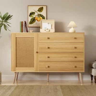 Immagine prodotto di Cassettiera AIORBER, molto spazio, credenza, con 4 cassetti e 1 anta, in legno, robusta e durevole, per camera da letto, cucina, 120x40x83cm, colore legno