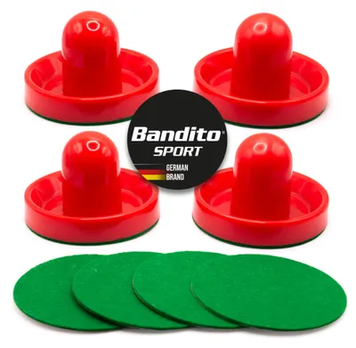 Produktbild von Bandito Airhockey Pusher Spielgriff Standard, 95 mm Ø mit Filzunterlage, perfekte Gleitfähigkeit, mit Fingerschutz-Rand, Puck-Schieber für Tischhockey 4 St. Set inkl. 4 Ersatz-Filze