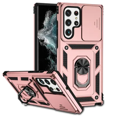 Immagine prodotto di Custodia per Samsung Galaxy S23 Ultra a doppio strato con copertura scorrevole della fotocamera e supporto ad anello Oro rosa