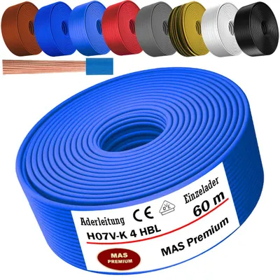 Immagine prodotto di Cavo di alimentazione da 60 metri, tipo H07 V-K, HBL, sezione 1x4 mm², colore azzurro chiaro, monofilo, flessibile