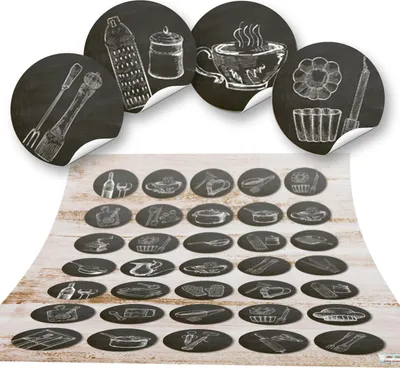 Produktbild von 4 x 35 kleine runde SCHWARZ WEISS Küchenaufkleber vintage alt Küchen-Deko Sticker Nostalgie selbstklebend Küchenutensilien Geschirr Besteck140 Aufkleber / 4 Bögen