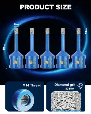 Zdjęcie produktu dla Zestaw wierteł korunkowych diamentowych - gwint M14 - 5-częściowy - średnica 6 mm - do wiercenia w płytkach, marmurze i granicie - do wiercenia w murze