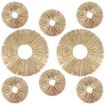 Zdjęcie produktu dla Zestaw 8 elementów dekoracji ściennych w stylu boho z rattanu | 2 szt. 58 cm i 6 szt. 22 cm – naturalna dekoracja ścienna