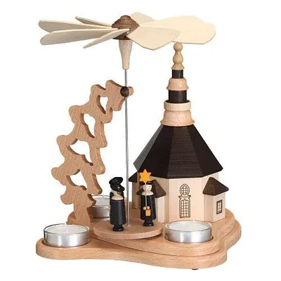 Produktbild von Tischpyramide Kurrende mit Seiffener Kirche und Teelichter HxLxB 19x19x23cm NEU