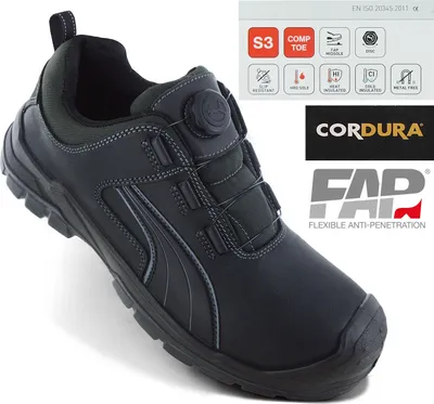 A black safety shoe is shown from a diagonal angle against a white background, with several logos and certification icons displayed in the upper right corner.