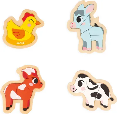 Produktbild von Janod Holzpuzzle Bauernhoftiere - 4 Puzzles für Kleinkinder