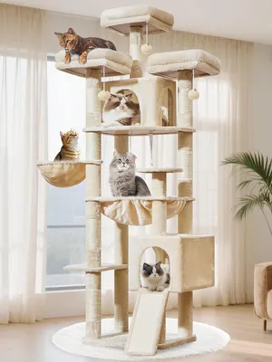 Imagen del producto de Árbol para gatos Kratzbaum XXL, 193 cm de altura, con 7 postes para rascar, 3 plataformas, 2 cuevas, una hamaca, ideal para gatos grandes
