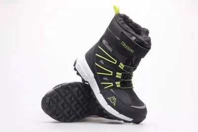 A pair of black Kappa winter boots with yellow accents, shown against a white background.