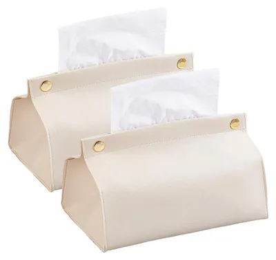 Produktbild von Taschentuchbox-Halter - 2 Stück rechteckig aus Kunstleder - Kosmetiktücher-Spender - Beige