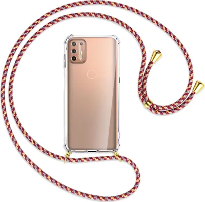 Produktbild von Handykette Backcover-Schutzhülle mit Band (Metall goldfarben) für Motorola Moto G9 Plus - weiß/grau