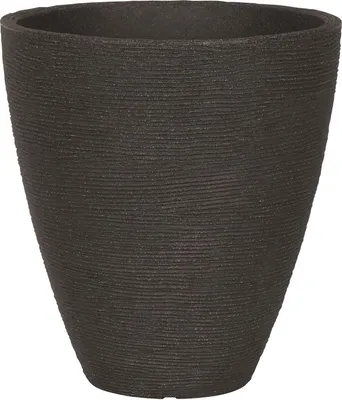 A dark gray, textured, conical planter pot is shown against a white background.