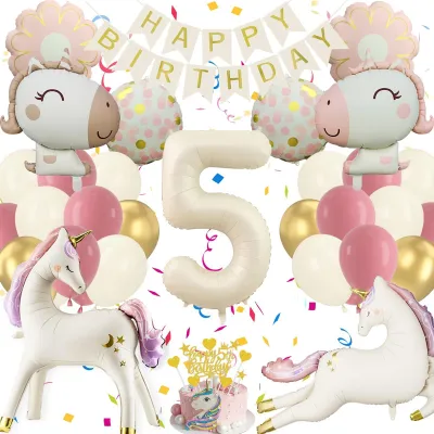 Image de Elzusha - Décoration d'anniversaire licorne pour fille, 5 ans - Ballons et décorations pour gâteau