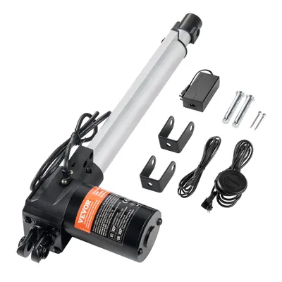 A linear actuator kit with accessories laid out on a white background.