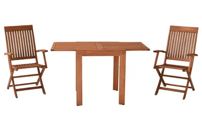 A wooden garden furniture set consisting of a table and two chairs, presented against a white background.