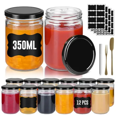 Image de LARS360 Pots à confiture carrés set de 12 avec couvercle noir - 350ml pot à provisions en verre, avec étiquettes, crayon à craie et couteau à fruits